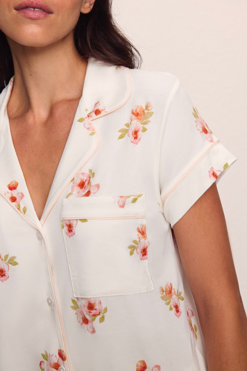 Gisele Printed Short Sleeve Crop PJ in Floral Bloom Ivy/Vanilla Cream