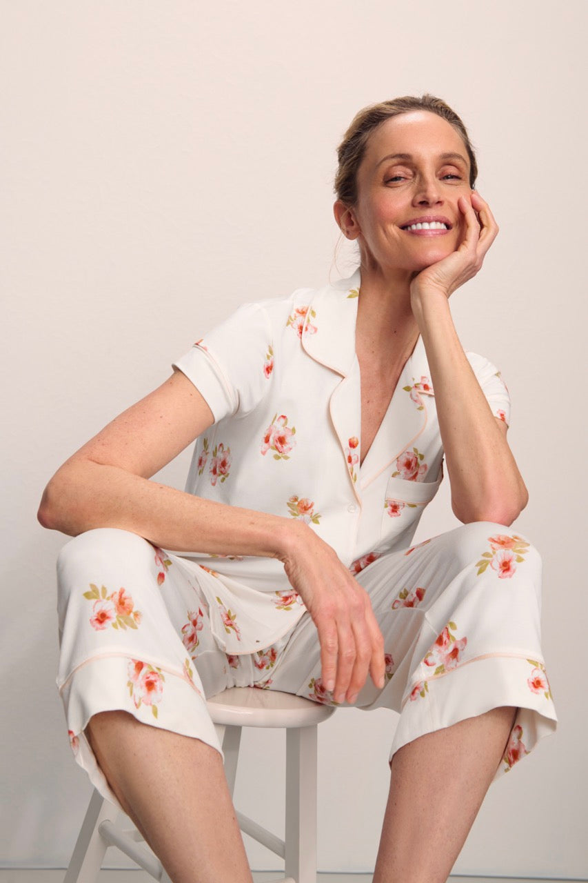 Gisele Printed Short Sleeve Crop PJ in Floral Bloom Ivy/Vanilla Cream