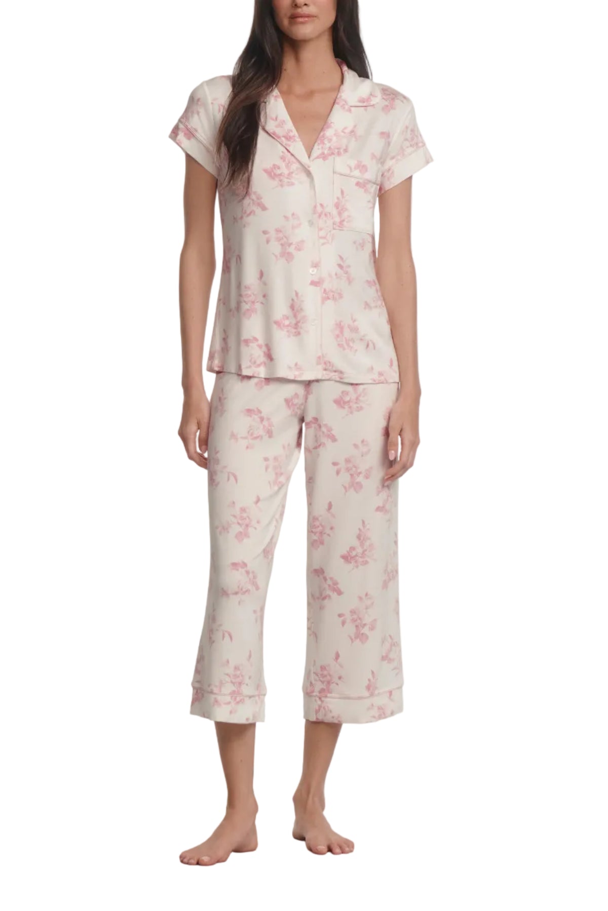 Front view of Gisele cropped short-sleeve pajama set in pale pink floral on model, notched collar and cropped pants