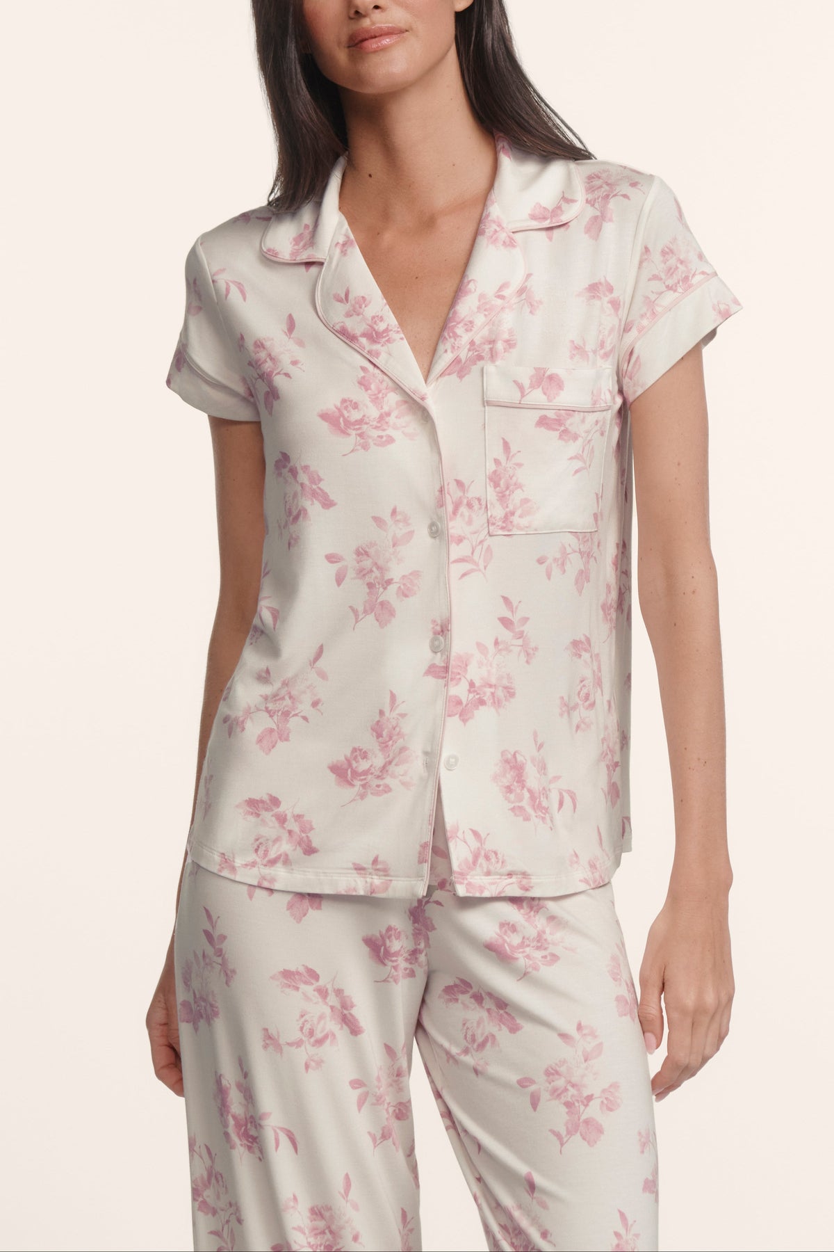 Gisele Printed Short-Sleeve Crop PJ in Rose Garden Cameo Pink/Pale Pink