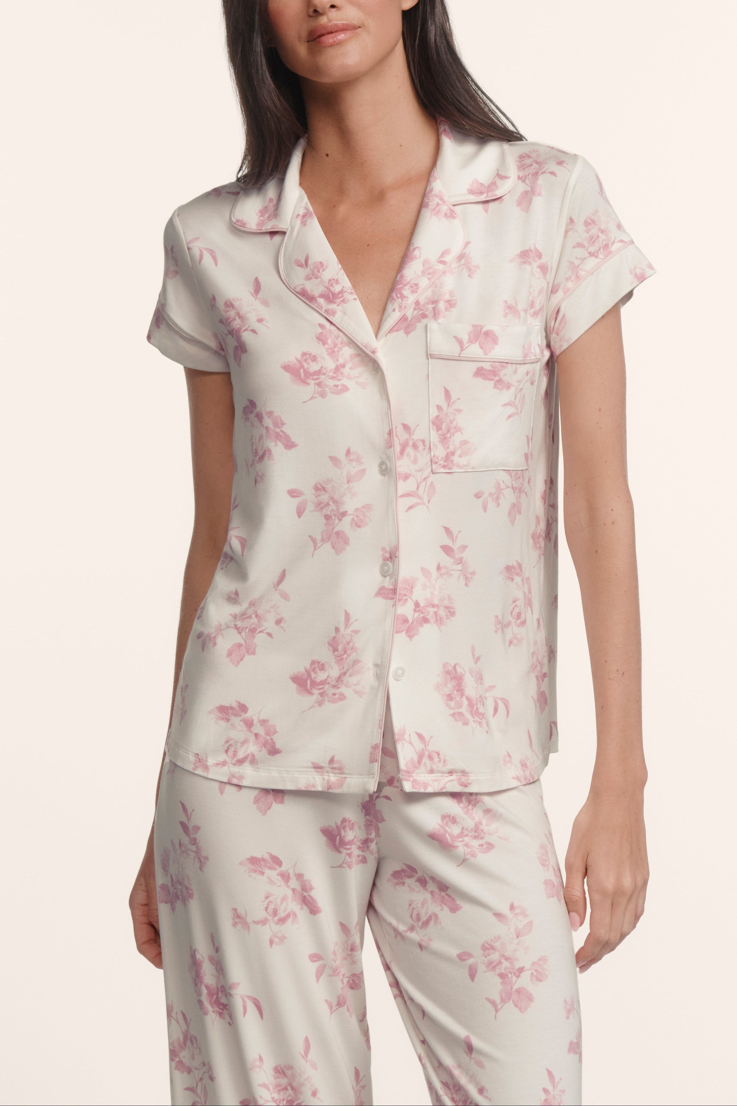 Gisele Printed Short-Sleeve Crop PJ in Rose Garden Cameo Pink/Pale Pink