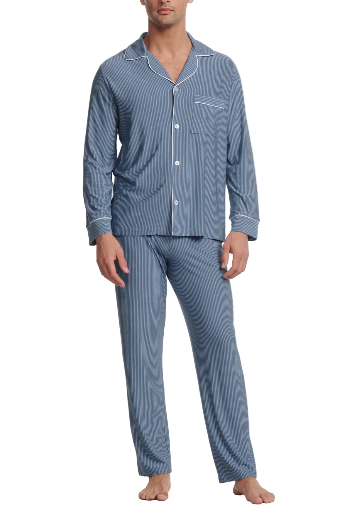 William Printed Long PJ in Duo Stripe Slate Blue/Ivory