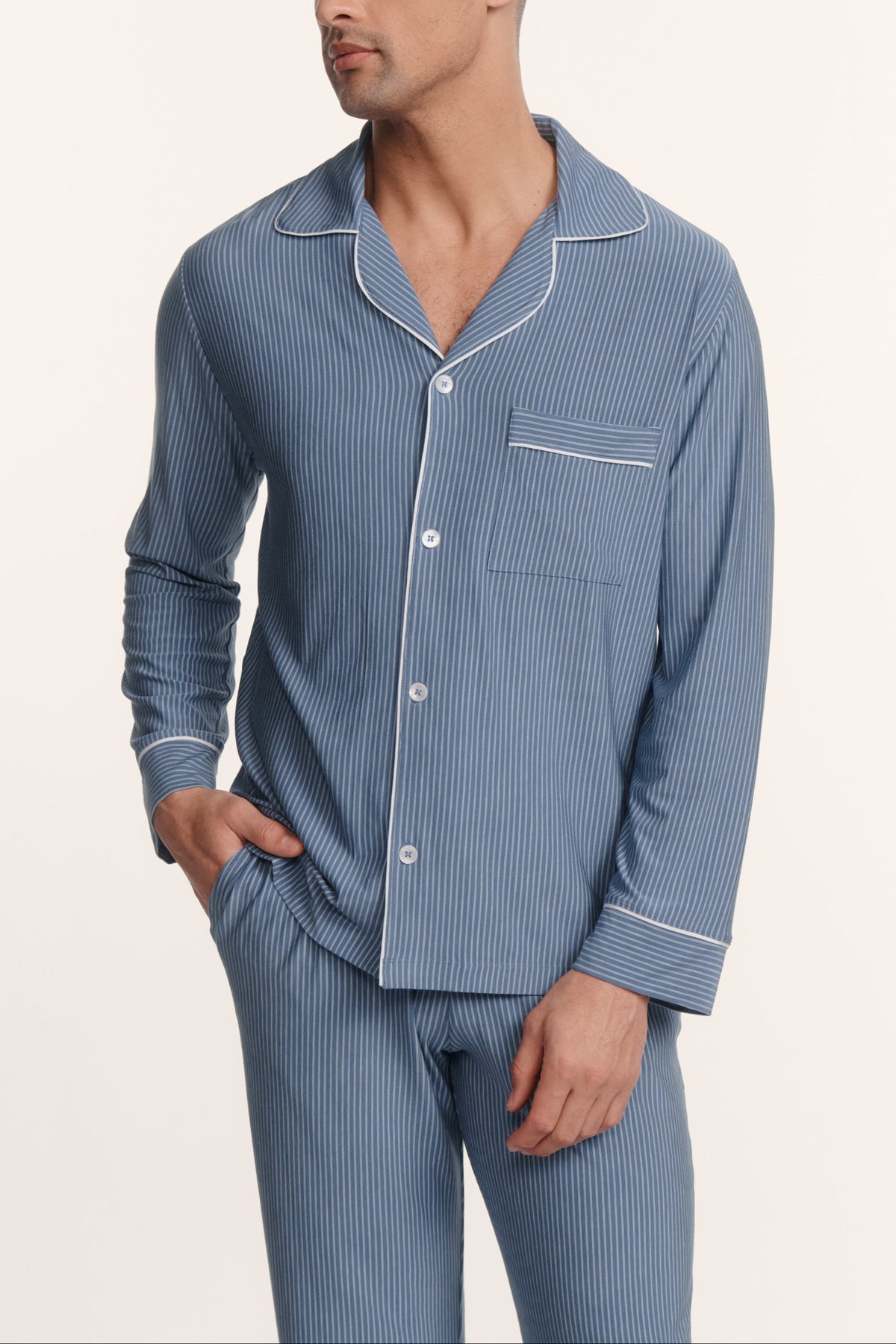 William Printed Long PJ in Duo Stripe Slate Blue/Ivory