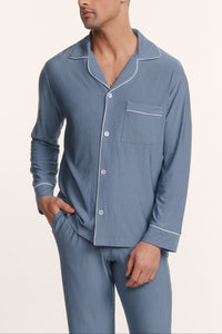 William Printed Long PJ in Duo Stripe Slate Blue/Ivory