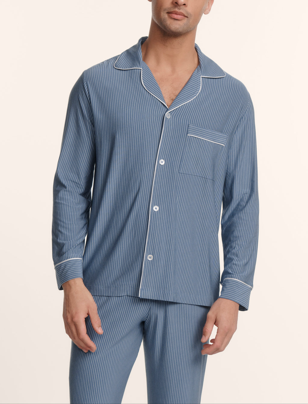 William Printed Long PJ in Duo Stripe Slate Blue/Ivory