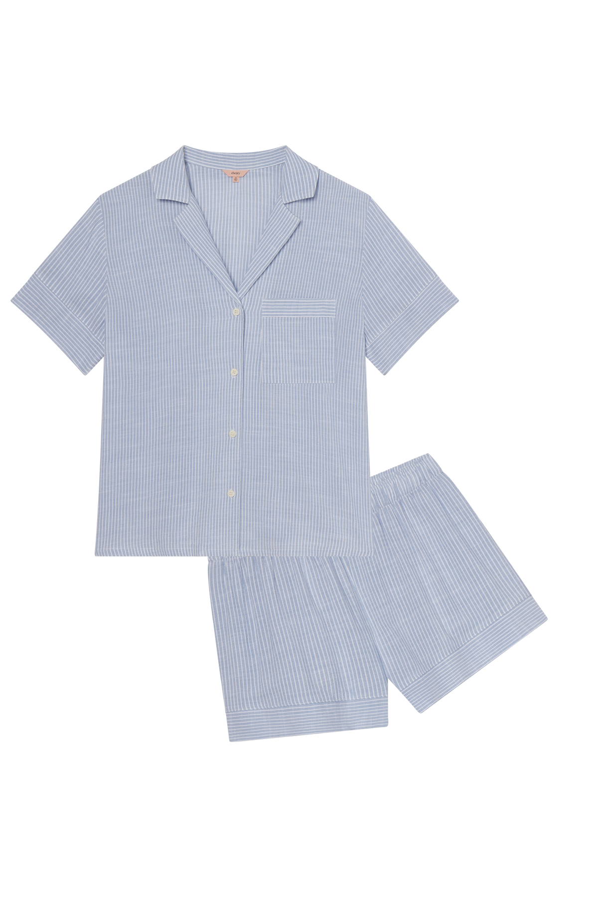 Top view of Nautico Shortie PJ Set in Wedgewood Blue/White showcasing striped top and elastic waist shorts on white background