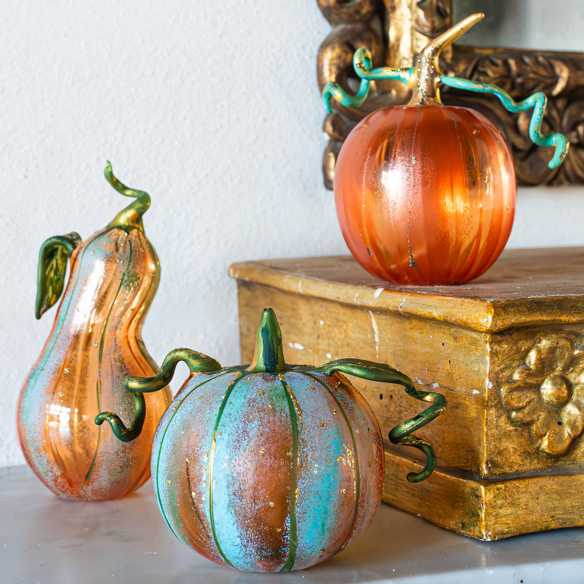 Pumpkins Figural Amber Glass Gourd in Amber