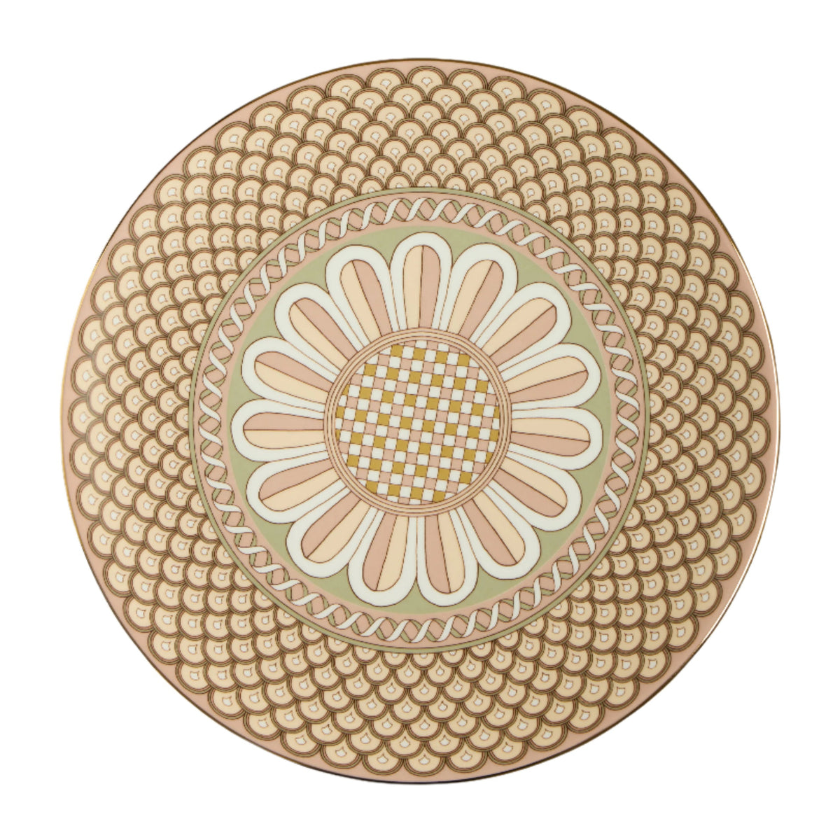 Top view of Serving Platter in Napoli Dusty Pink showcasing bold Napoli print and hand-painted 18K gold rim on a white background