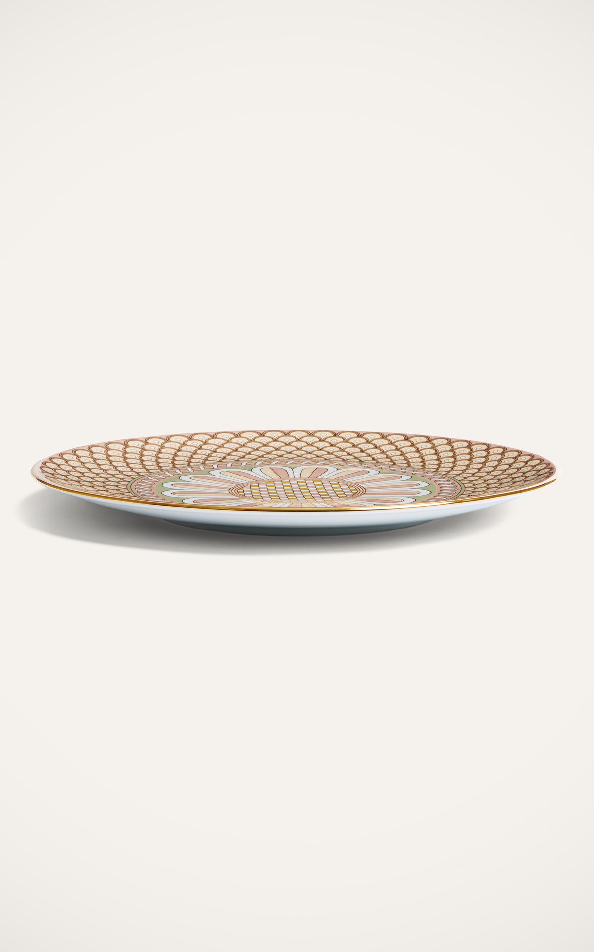 Front view of Serving Platter in Napoli Dusty Pink showcasing Napoli print and hand-painted 18K gold rim on a white background