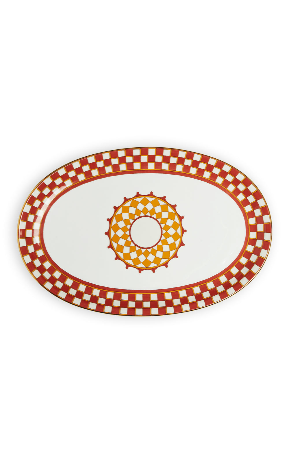 Top view of oval porcelain platter (Apollo Mattone) showcasing red-and-white checker border, orange geometric medallion center, and 18K gold trim on white background