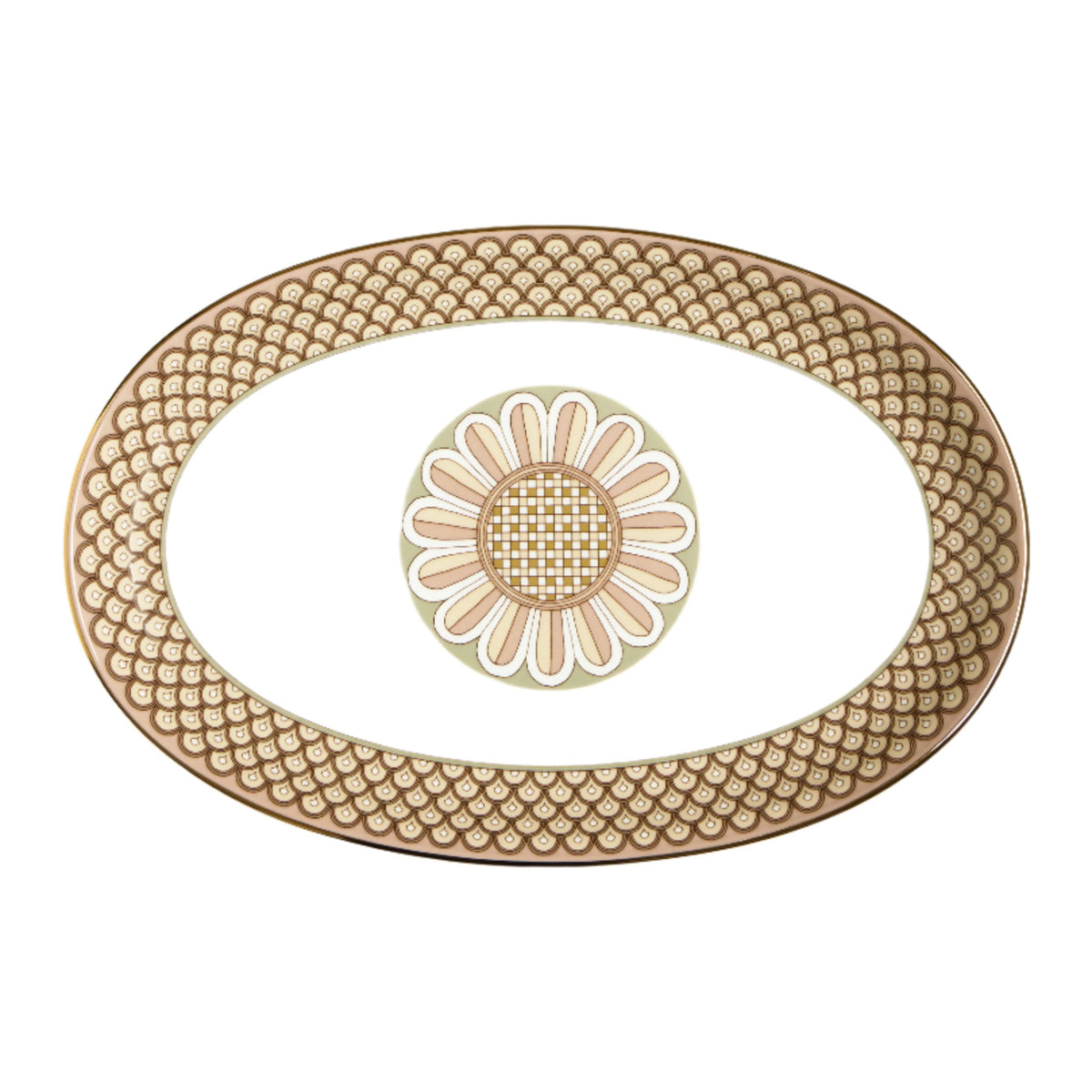 Top view of Oval Platter in Odysseus Dusty Pink showcasing its Odysseus print and 18K gold trim on white