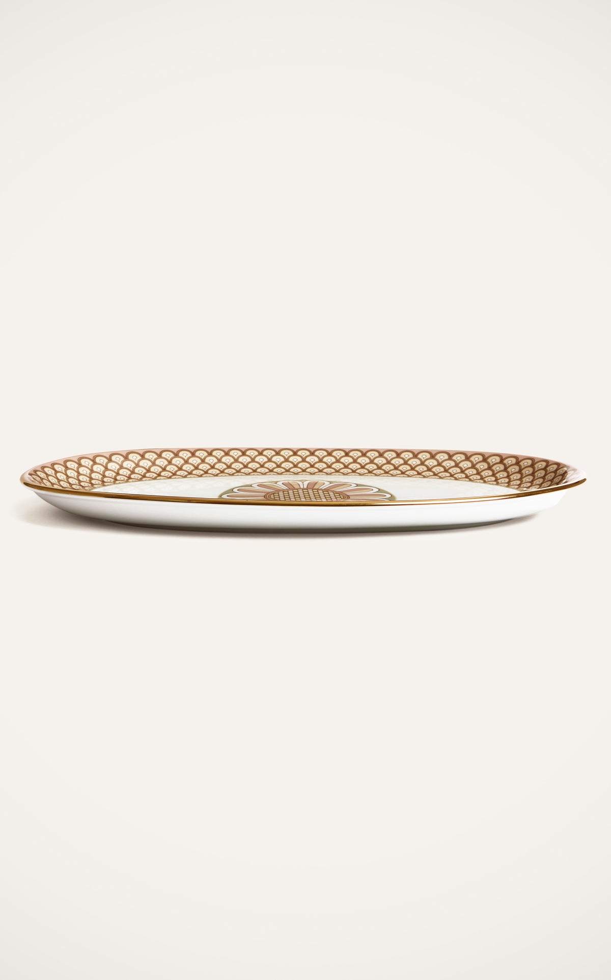 Front view of Oval Platter in Odysseus Dusty Pink showcasing Odysseus print and hand-painted 18K gold trim