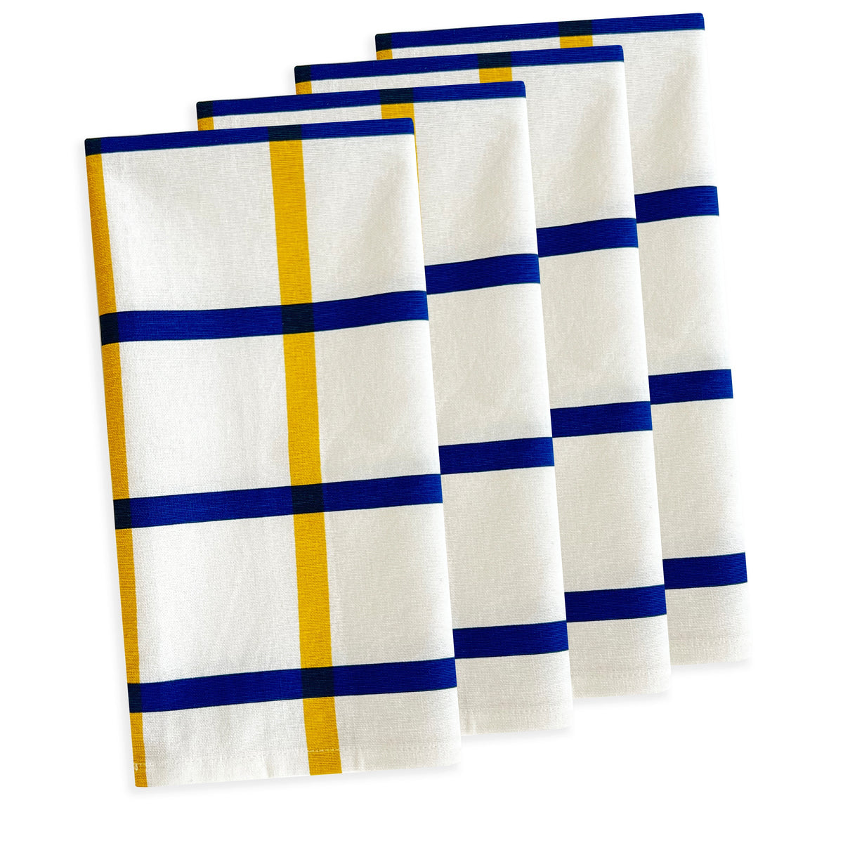 Front view of blue and yellow plaid dinner napkins, set of 4, against a white background