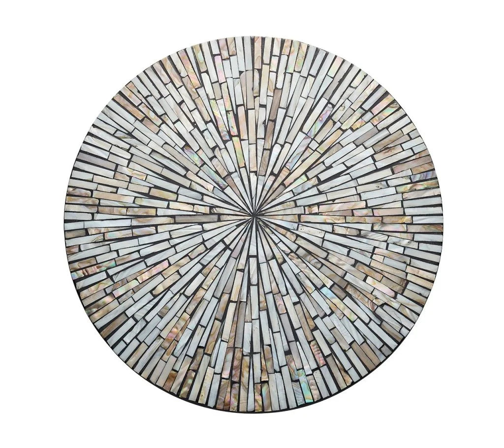 Front view of Tahiti placemat in gray and taupe showcasing a radial MOP mosaic on white background