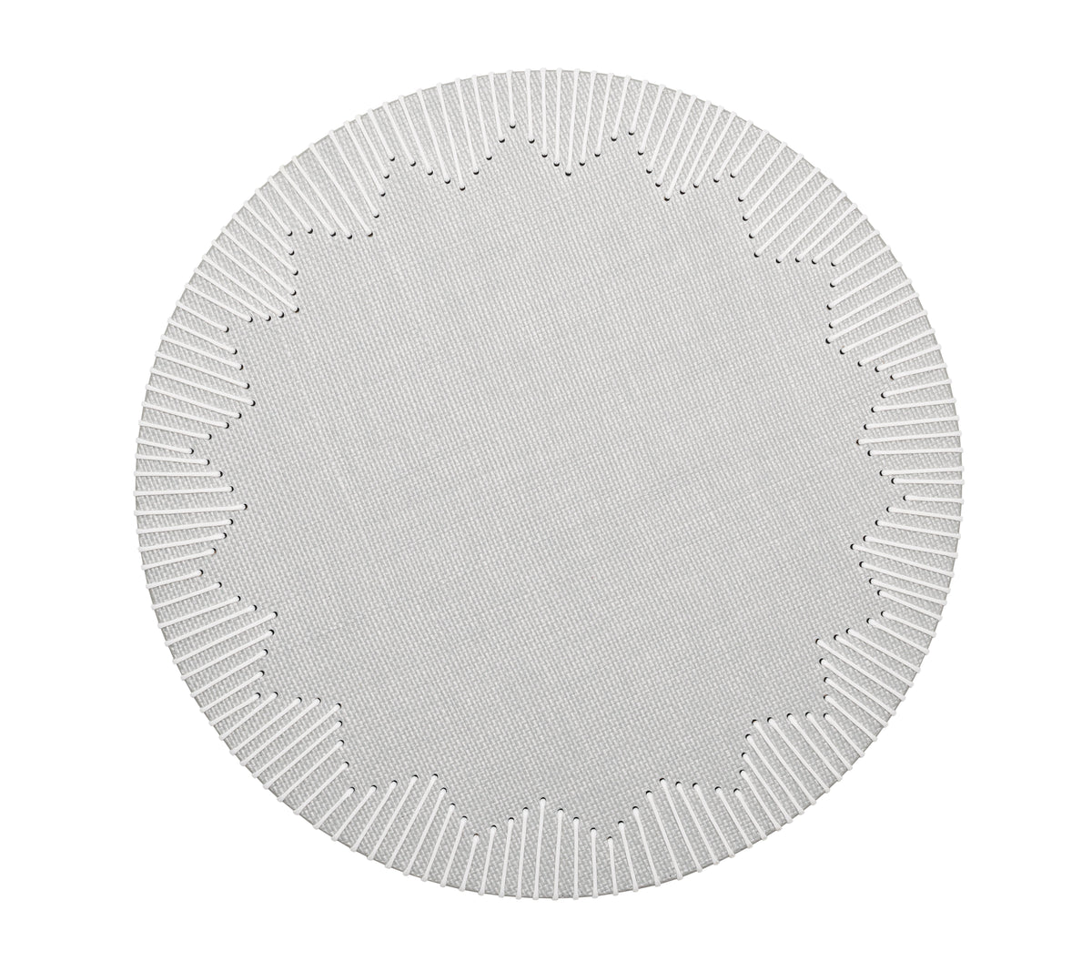 Top view of Dream Weaver placemat set of 4 showcasing gray and white woven pattern with white lattice edging on white background