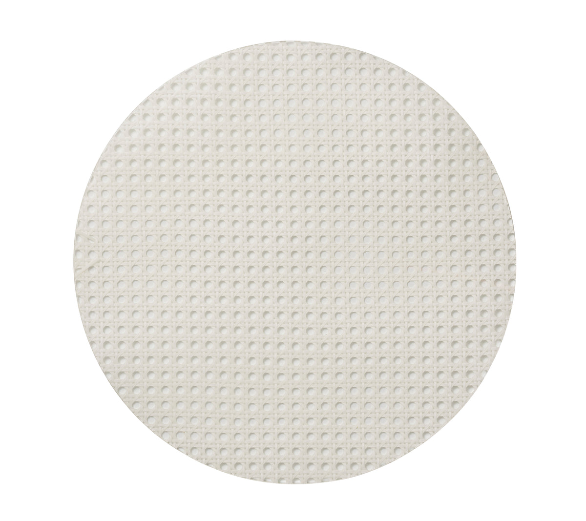Top view of Reed Placemat in White, Set of 4 showcasing its woven cane pattern encased in acrylic on a white background