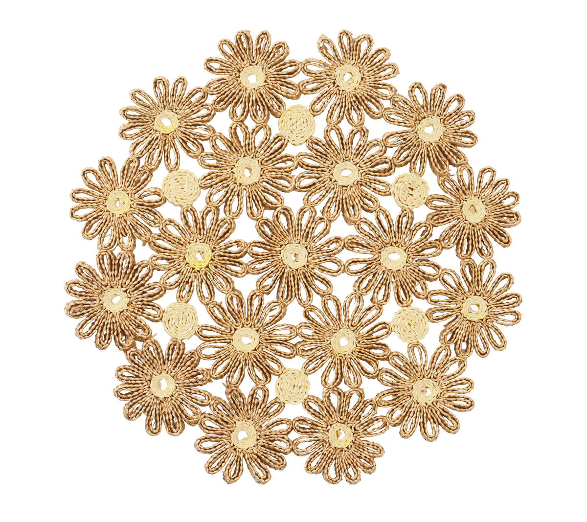 Overhead view of Daisy Placemat in Natural and Ivory showcasing handwoven daisy flowers on white background