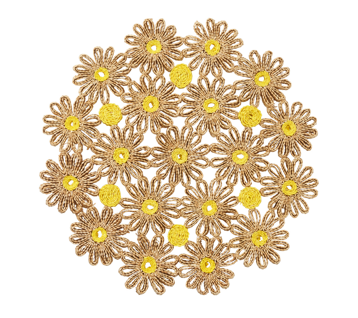 Top view of Daisy Placemat in Natural & Yellow showcasing handwoven wheat straw with yellow daisies on a white background