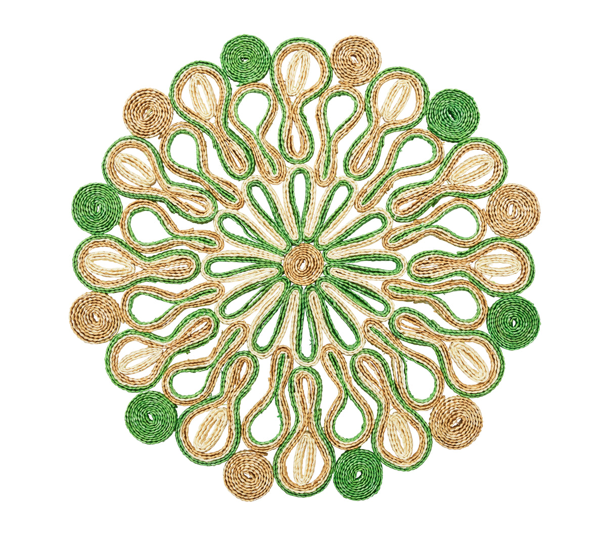 Top view of Marisol placemat showcasing hand-dyed woven wheatgrass sunburst and floral motifs in natural and green on white background