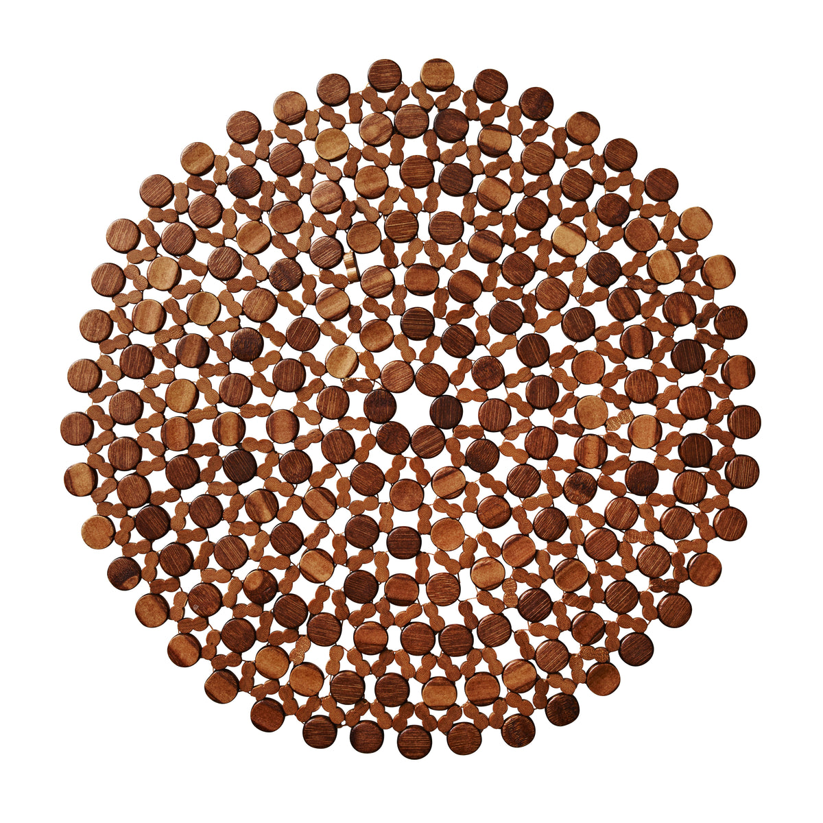 Close-up view of Round Bamboo Placemat in Brown, Set of 4 showcasing hand-strung bamboo beads on a white background