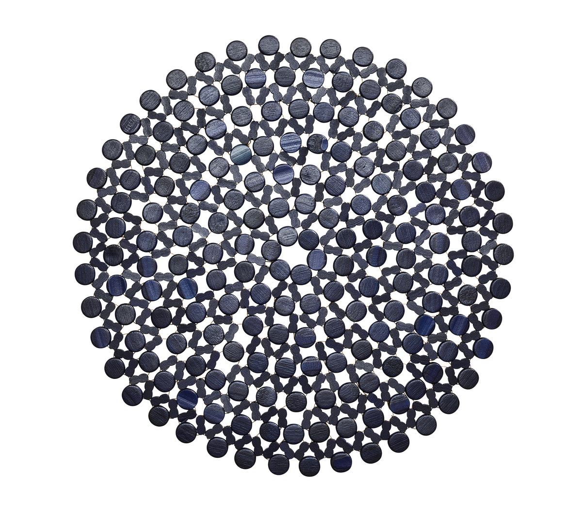 Top view of navy blue round bamboo placemat showcasing hand-strung bamboo beads on a white background