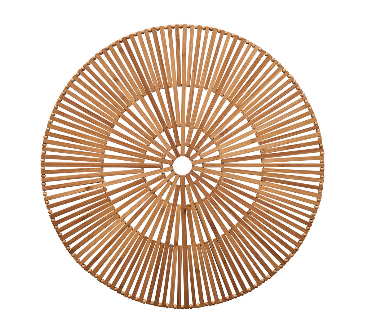 Front view of Spoke Placemat in Brown with hand-cut bamboo slats arranged in a geometric pattern on white background