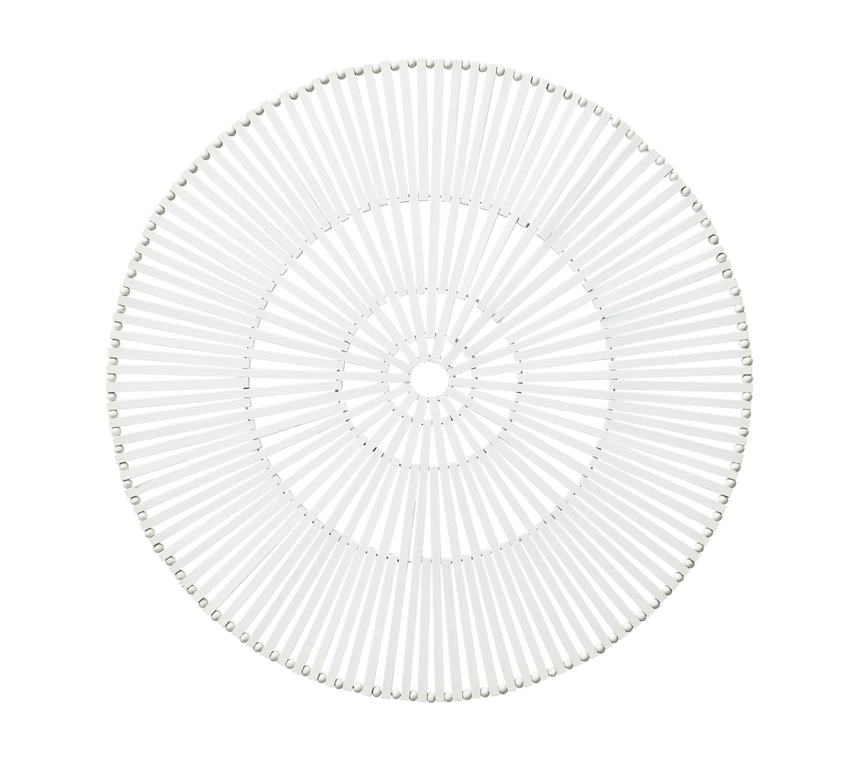 Top view of Spoke Placemat in White, Set of 4 showcasing hand-cut bamboo slats in a geometric pattern with a white background