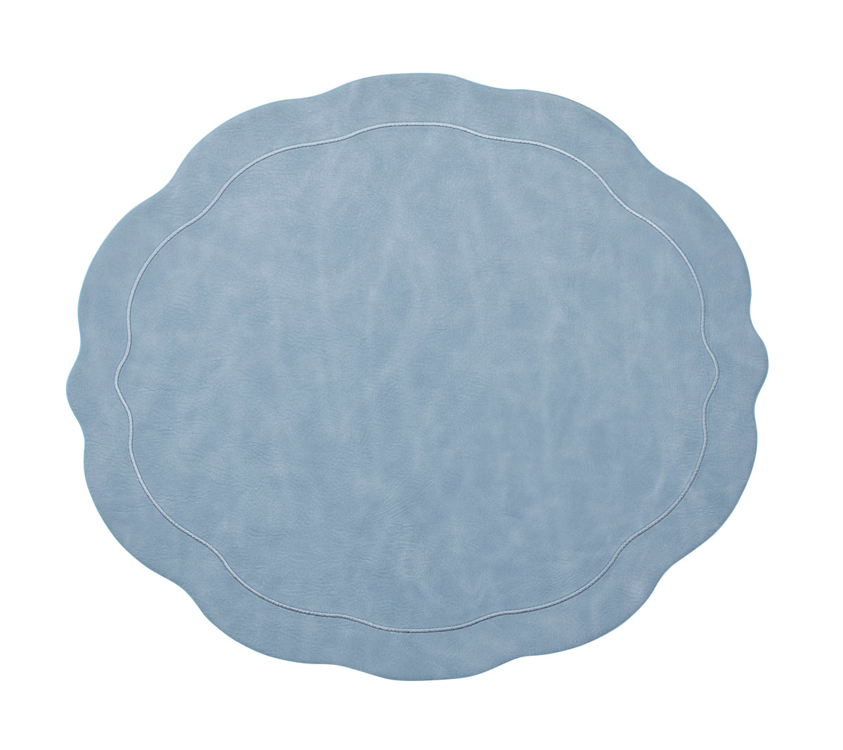 Top view of Tailored Placemats in Periwinkle, Set of 4 showcasing wavy edge and embroidered border on white