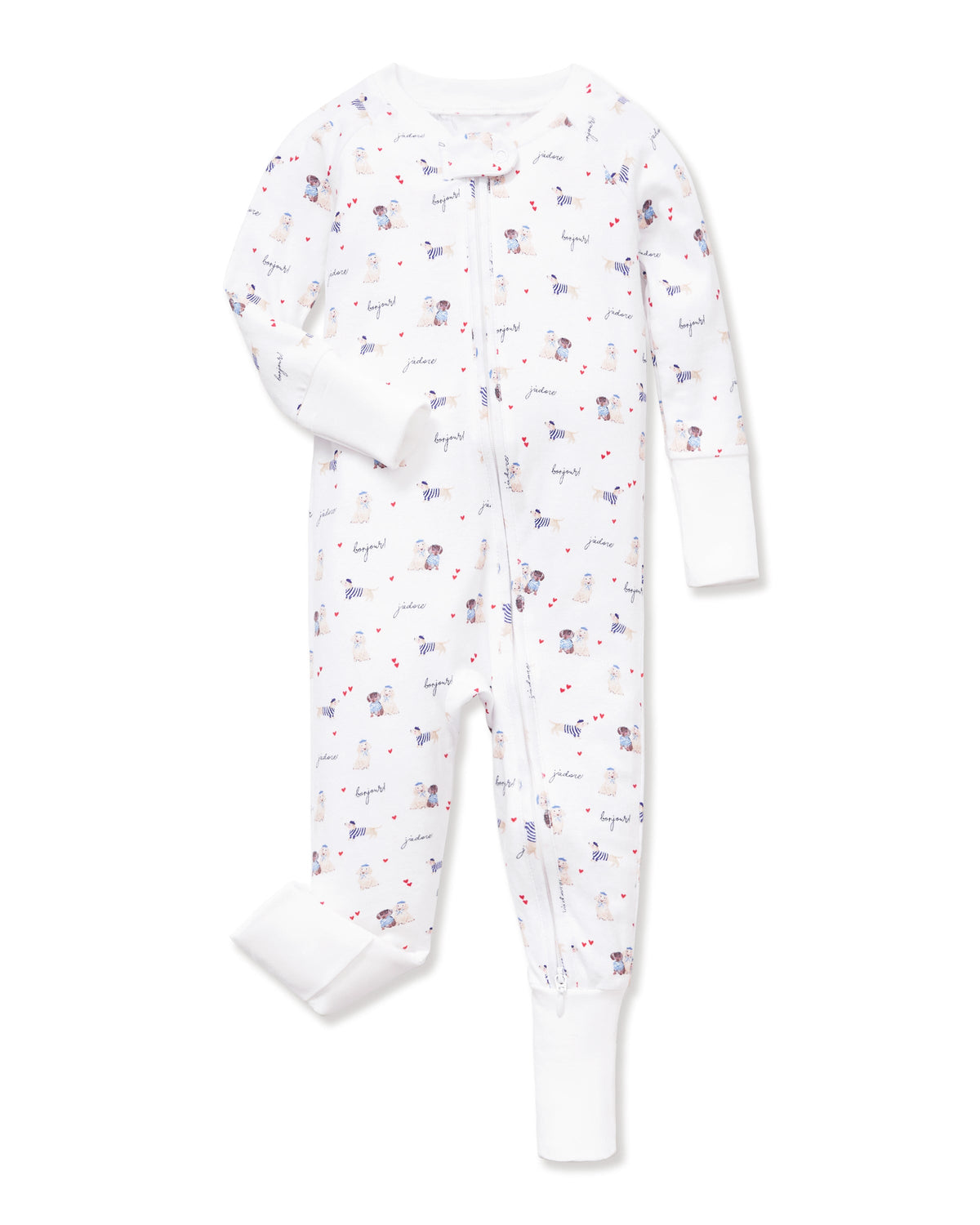 Front view of Baby’s Pima Peekaboo Romper in Le Woof showcasing a white zip front and dog print with foldover covers