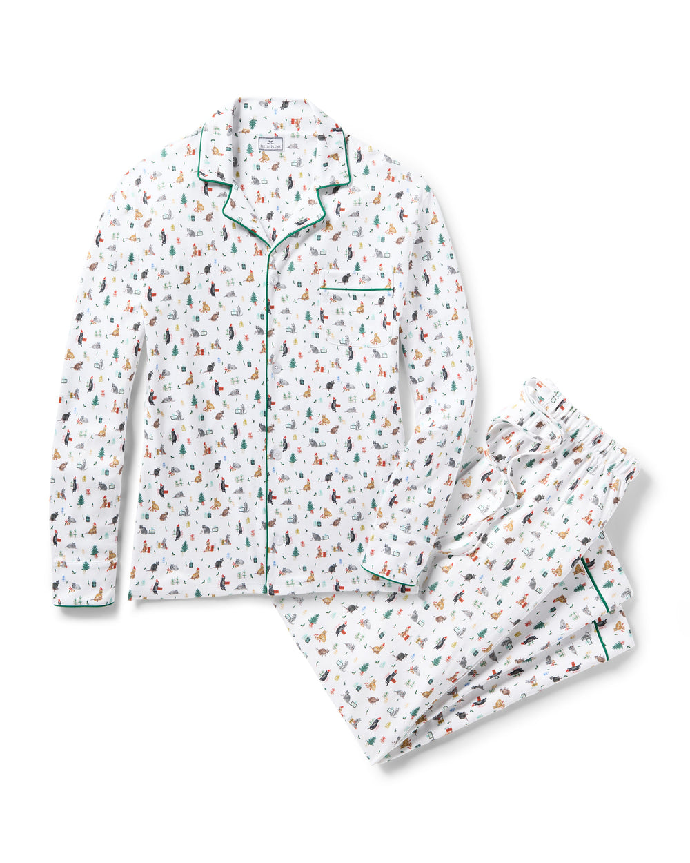 Flat lay of Men’s Pima pajama set in Merry Meow showcasing white fabric with small holiday cat print and green piped trim