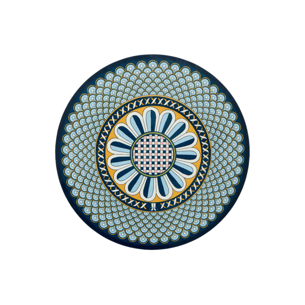 Front view of Disk Placemats in Napoli Midnight, Set of 2 showcasing a circular blue and gold Napoli motif on white