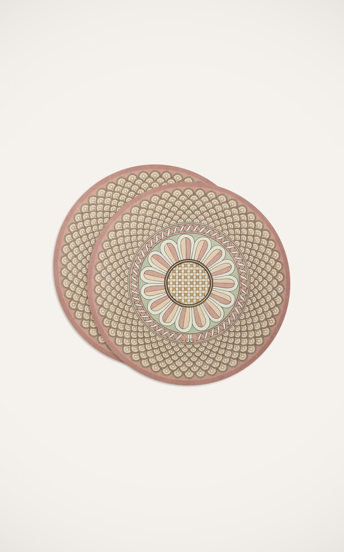 Top view of Disk Placemats in Napoli Dusty Pink, set of 2, showcasing ornate Napoli motif on an off-white background