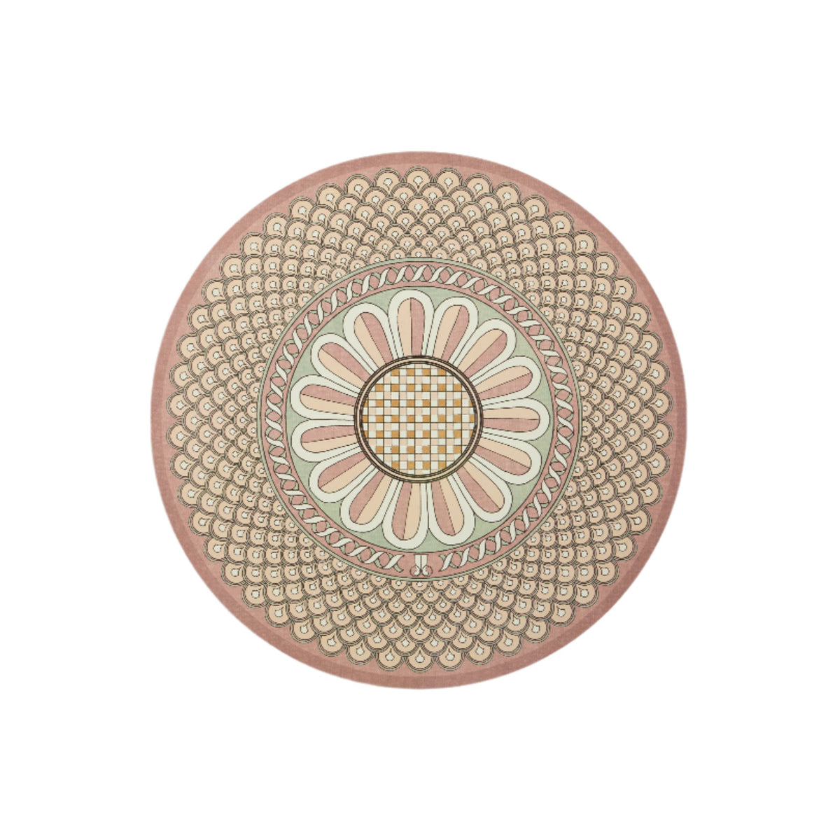 Top view of Disk Placemats in Napoli Dusty Pink, set of 2, showcasing ornate radial Napoli motif with a white background
