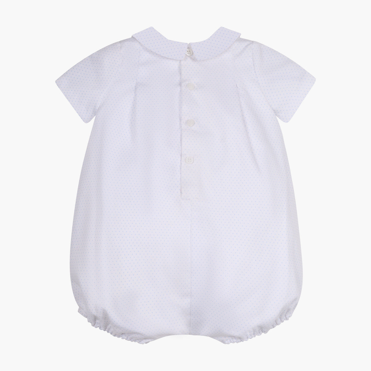 Back view of Bruno Bubble romper in light blue dotted pique showing Peter Pan collar, back buttons, and elastic leg openings