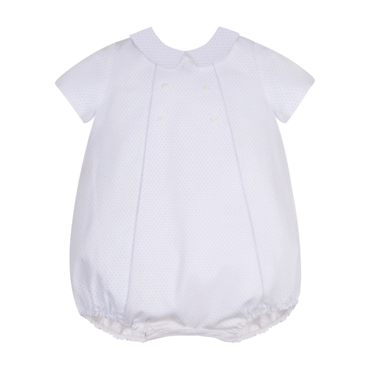 Front view of Bruno Bubble romper in light blue dotted piqué with Peter Pan collar on white background