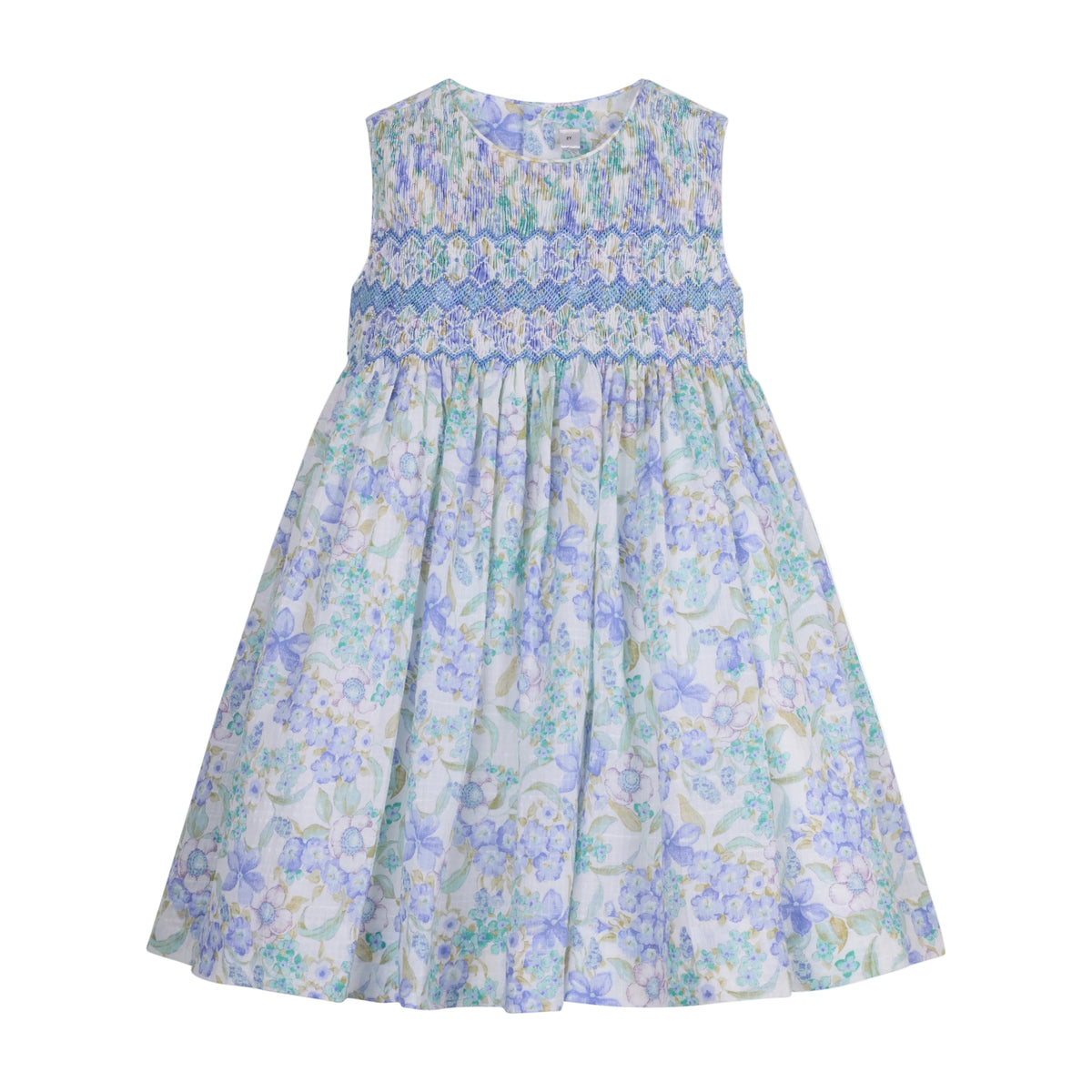 Front view of Carlota Dress showcasing hand-smocked bodice, sleeveless cut, and pastel blue-green floral print on white background