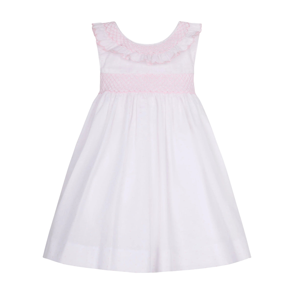 Front view of Tatiana dress showing hand-smocked ruffle collar and pink smocked waist with pearled accents on white background