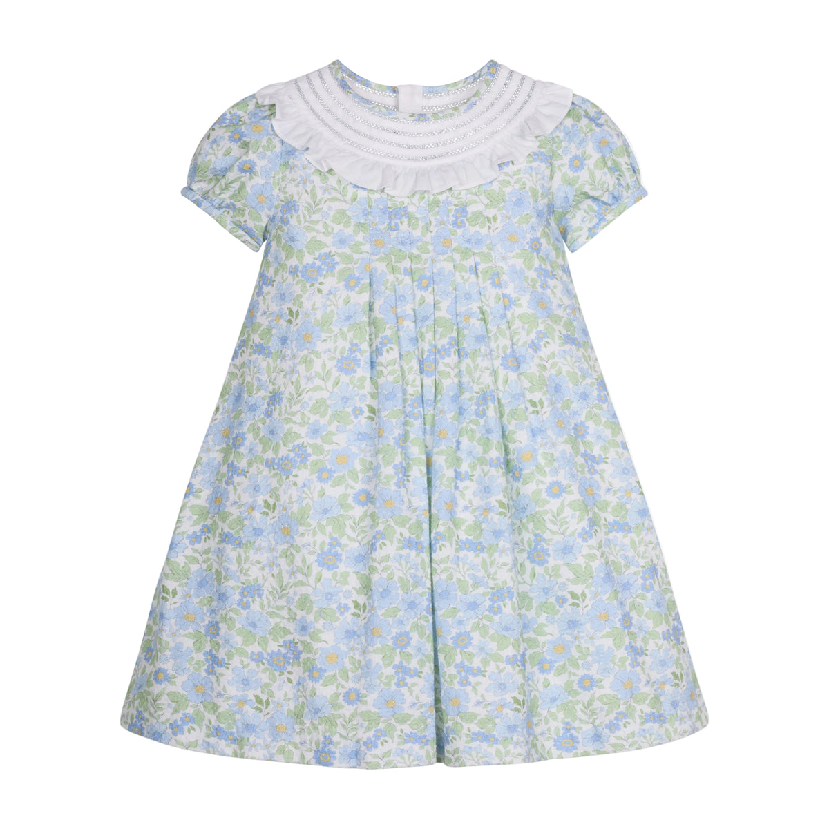 Front view of Lola Dress showcasing white ruffled round collar, front pleats, and pale blue floral A-line silhouette on white background