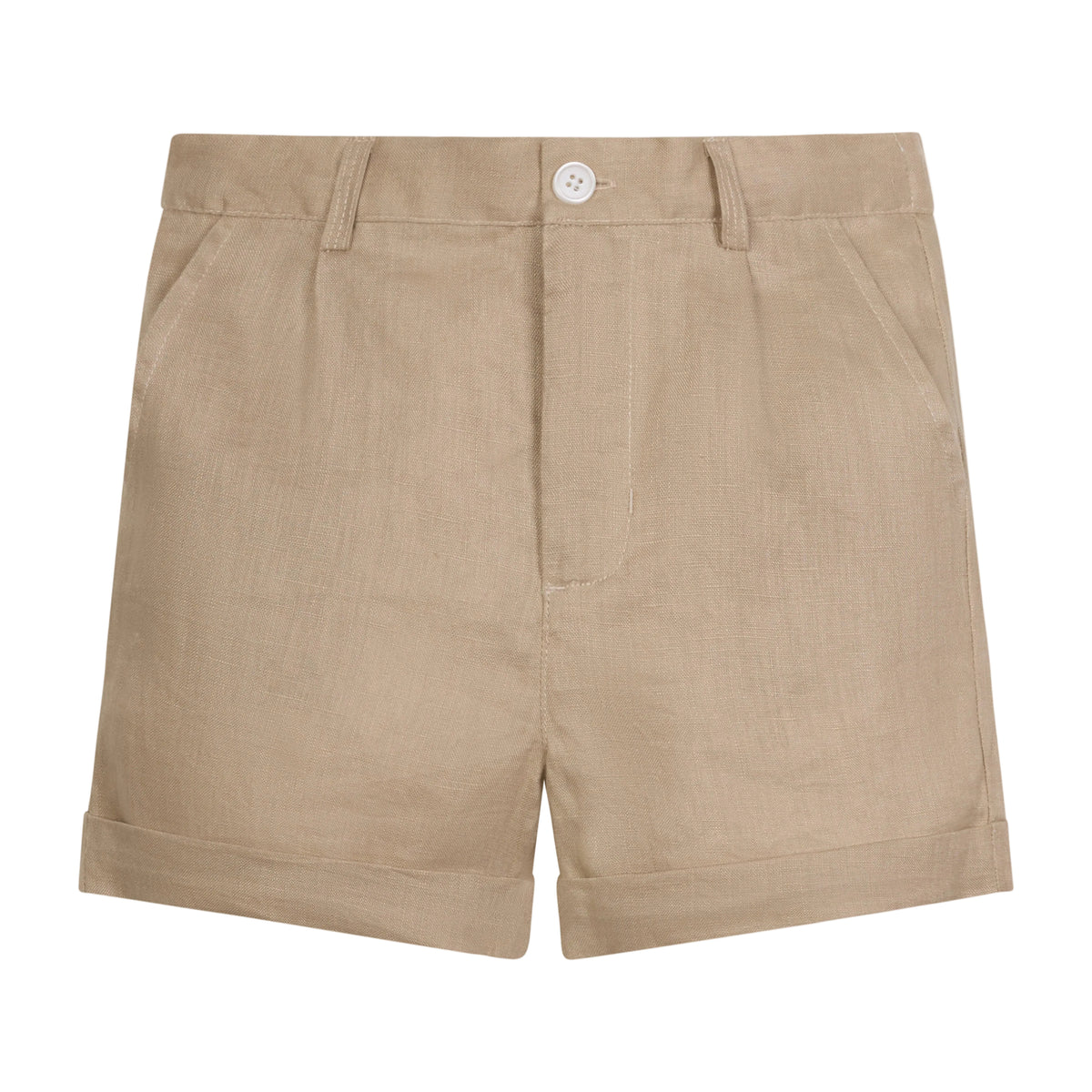 Front view of Jacobo Short showcasing beige linen fabric, elastic waistband, side pockets, cuffed hem on white background
