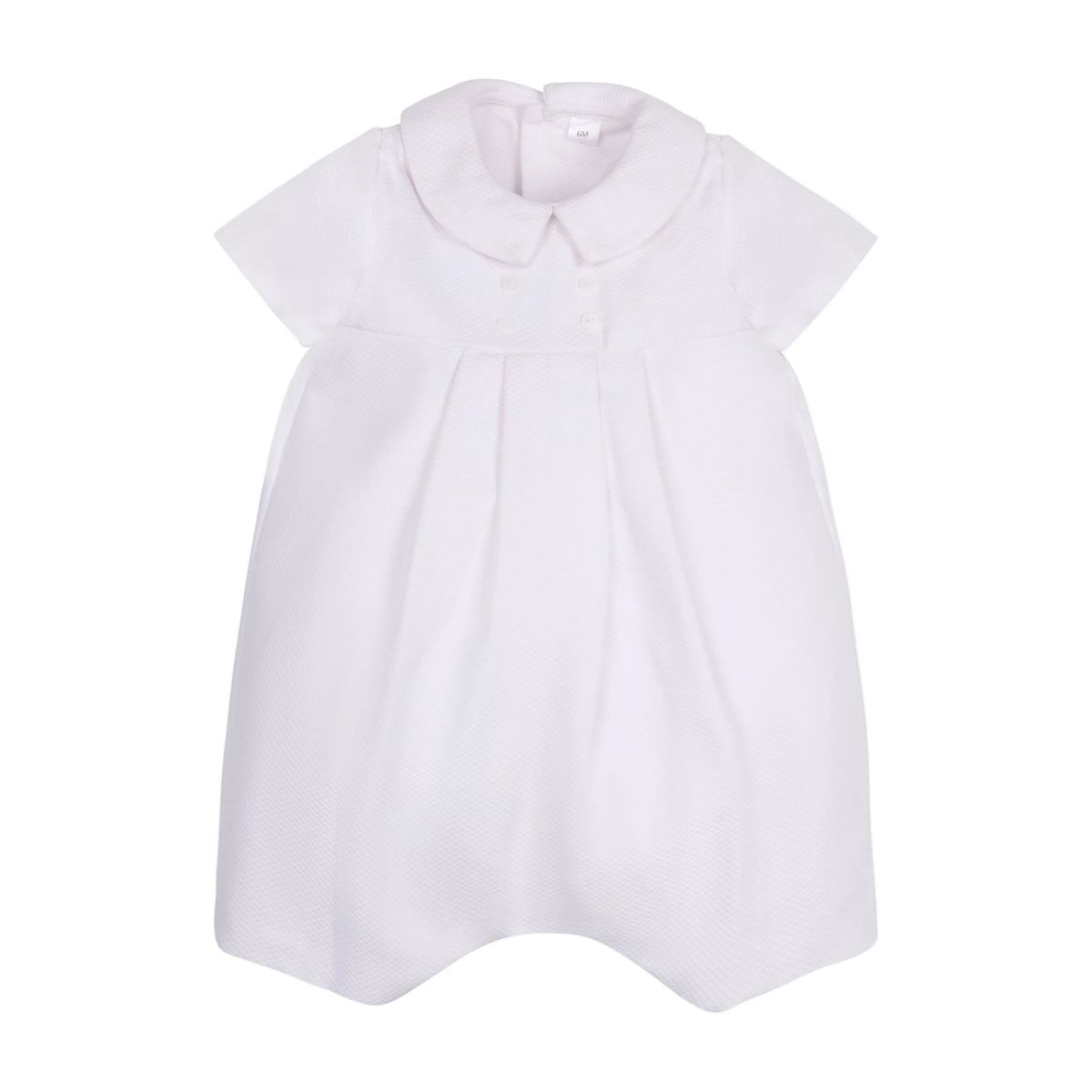 Front view of Felipe Bubble baby romper showing Peter Pan collar, pleated front, and piqué texture on white background