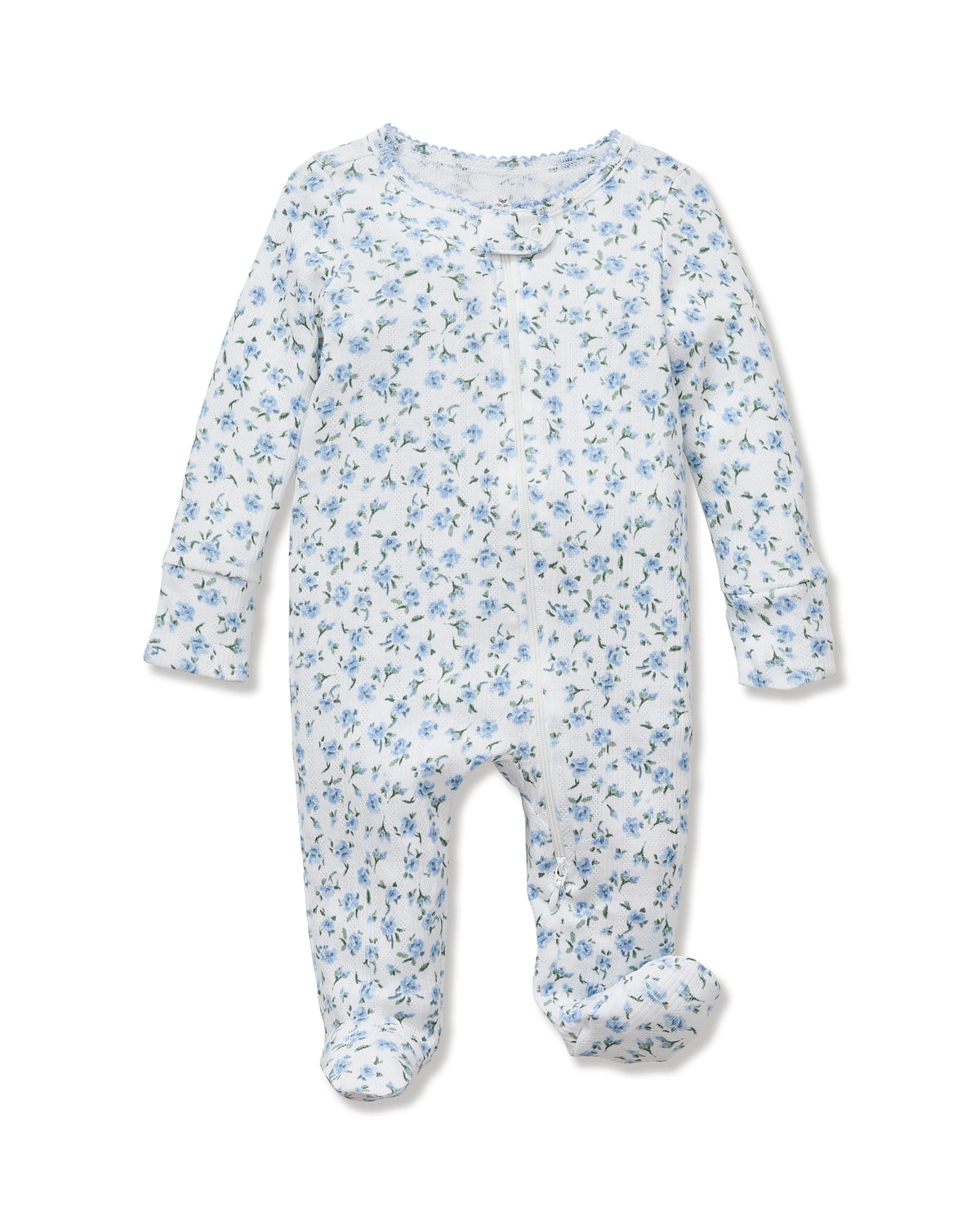 Front view of Baby’s Pointelle Footie Romper in Blue Floral showcasing floral Pima cotton pointelle and footed legs on white