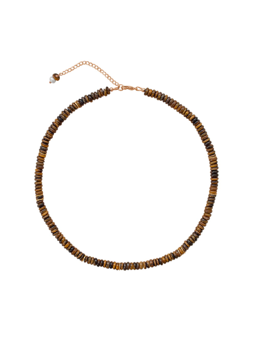 Top-down view of Polly necklace showcasing brown tiger eye disc beads and gold-filled extender with small freshwater pearl on white background
