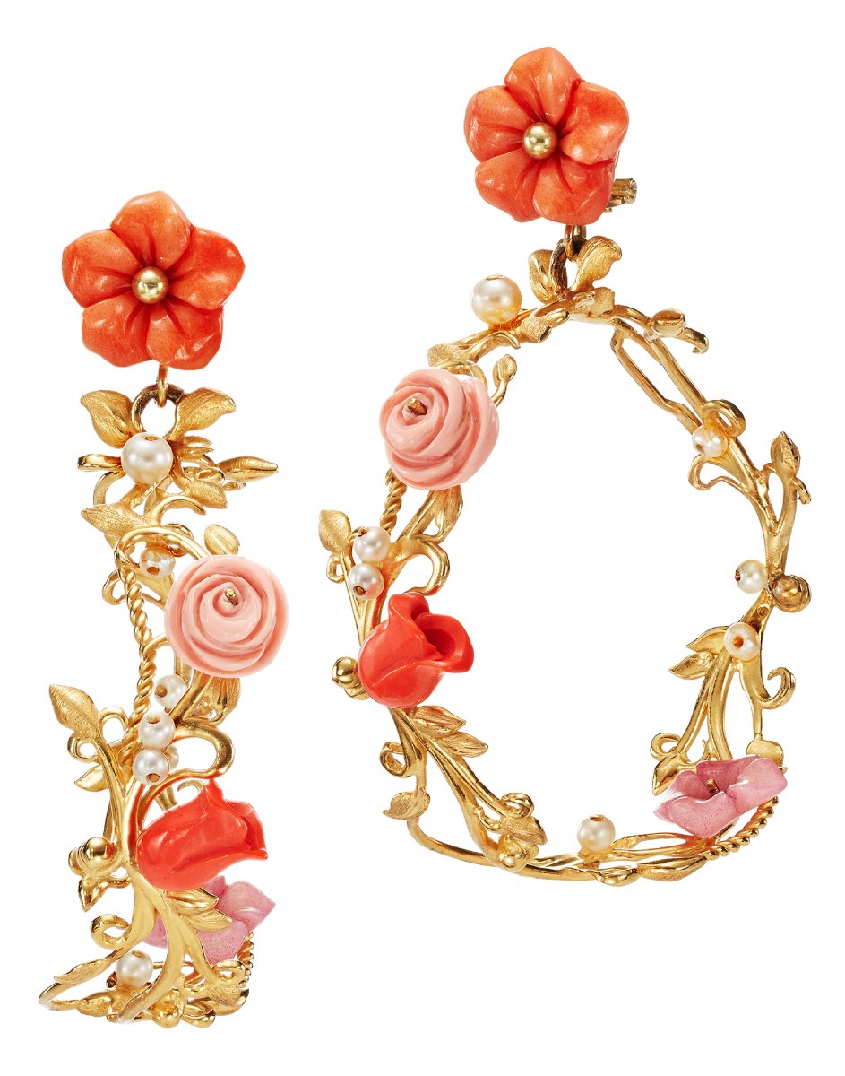 Coral Flower Whirl hoop earrings, front view, hand-carved floral motifs, gold vine hoops and pearl accents on white