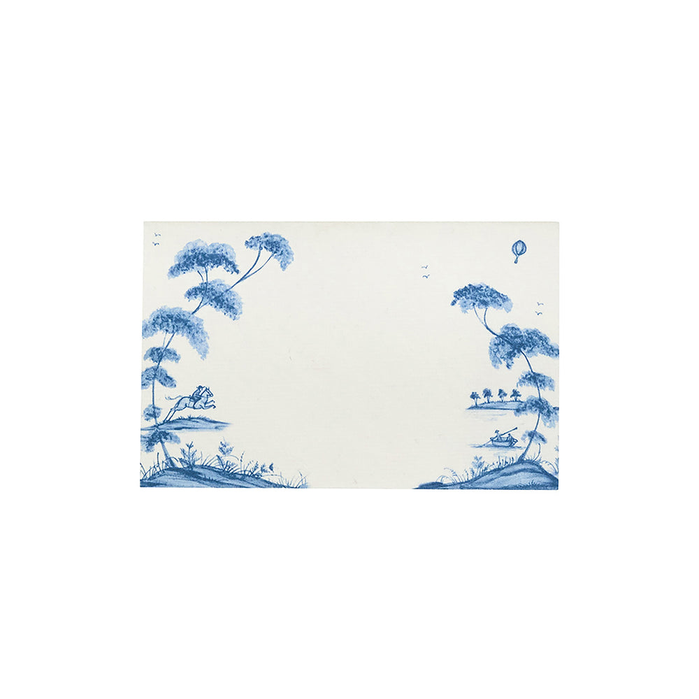 Front view of a Delft Blue Country Estate place card holder showcasing blue pastoral artwork on a cream background