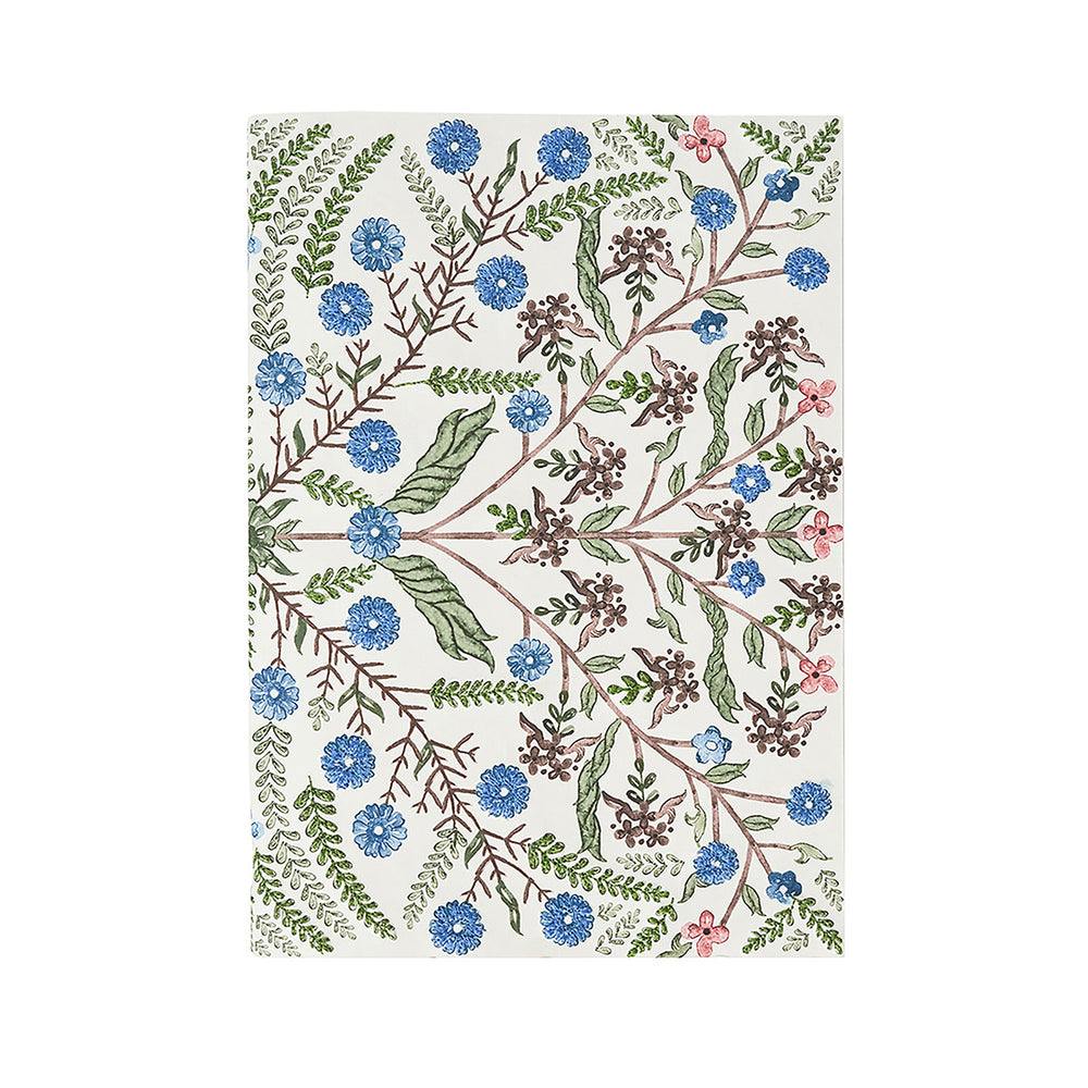 Front view of Villa Seville Embroidered Paper Journal in Chambray with green, blue, and pink wildflowers and leaves