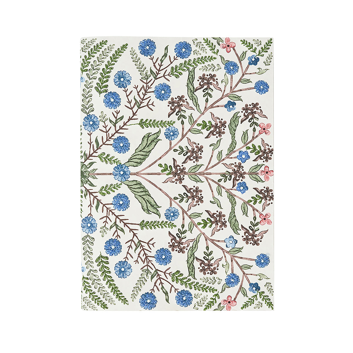 Front view of Villa Seville Embroidered Paper Journal in Chambray with green, blue, and pink wildflowers and leaves
