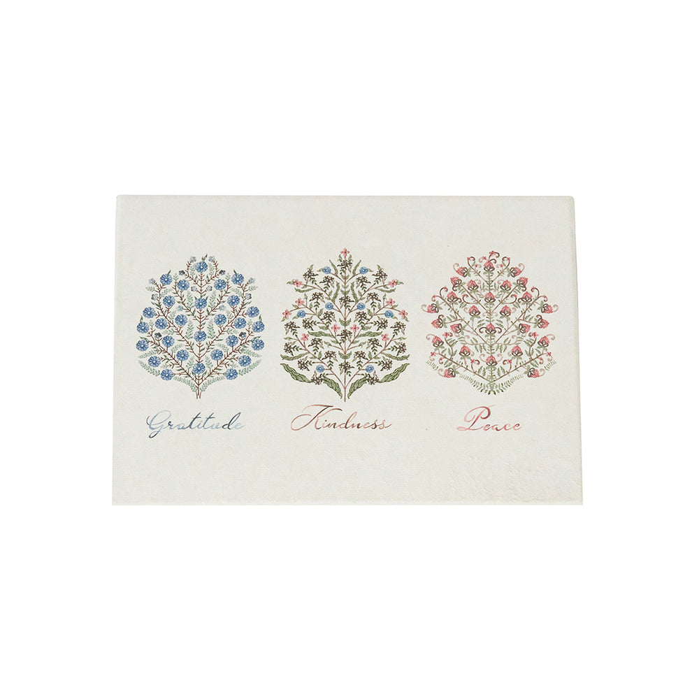 Villa Seville Note Card Assorted Set of 6 in Chambray with floral tree designs labeled Gratitude, Kindness, and Peace