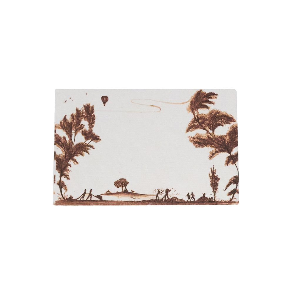Front view of Country Estate Harvest place card in sepia showcasing a pastoral harvest motif and blank center for handwritten names on white background