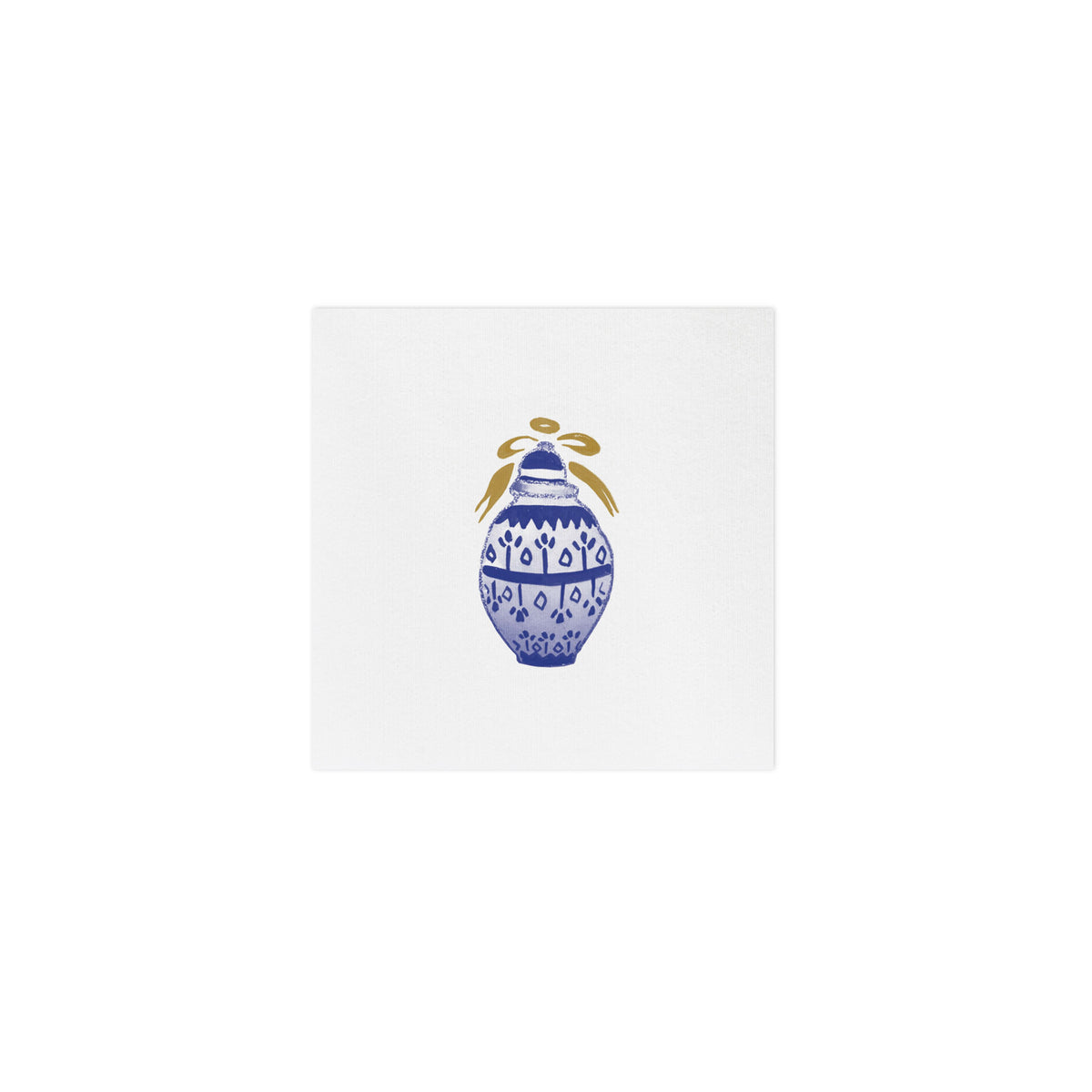 Top view of Papersoft cocktail napkin showing a blue ginger-jar motif with a gold bow accent on a white background