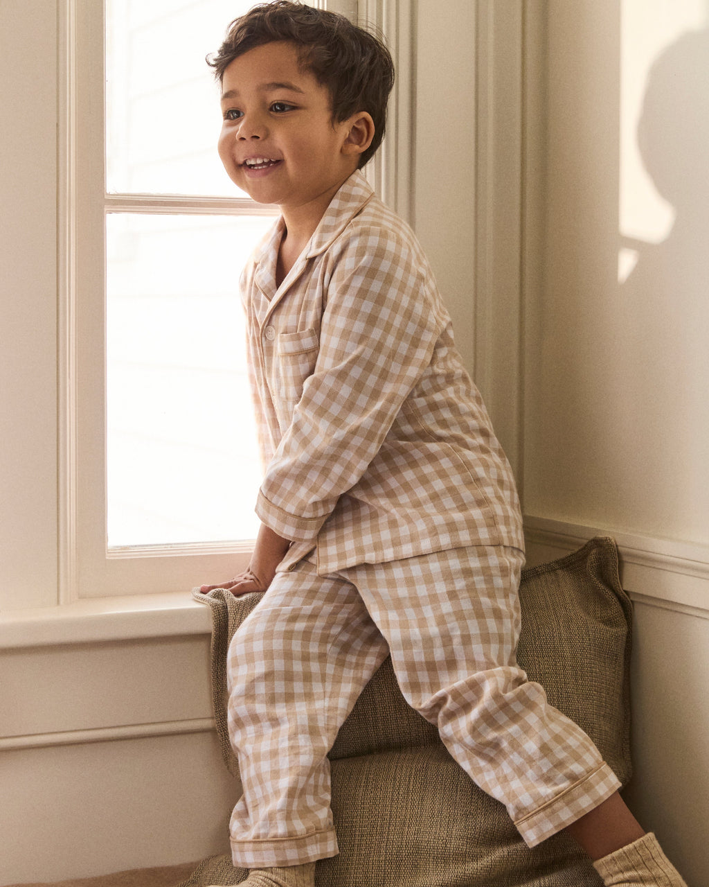 Kid’s Twill Pajama Set in Camel Gingham